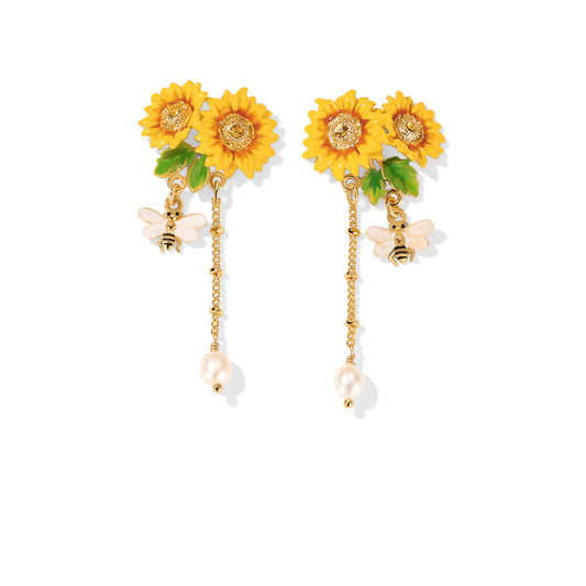 Honey Bloom Sunflower Bee Cascade Earrings