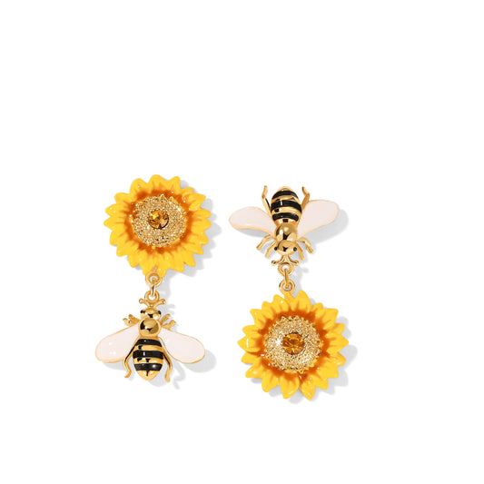 Honey Bloom Sunflower Bee Cascade Earrings